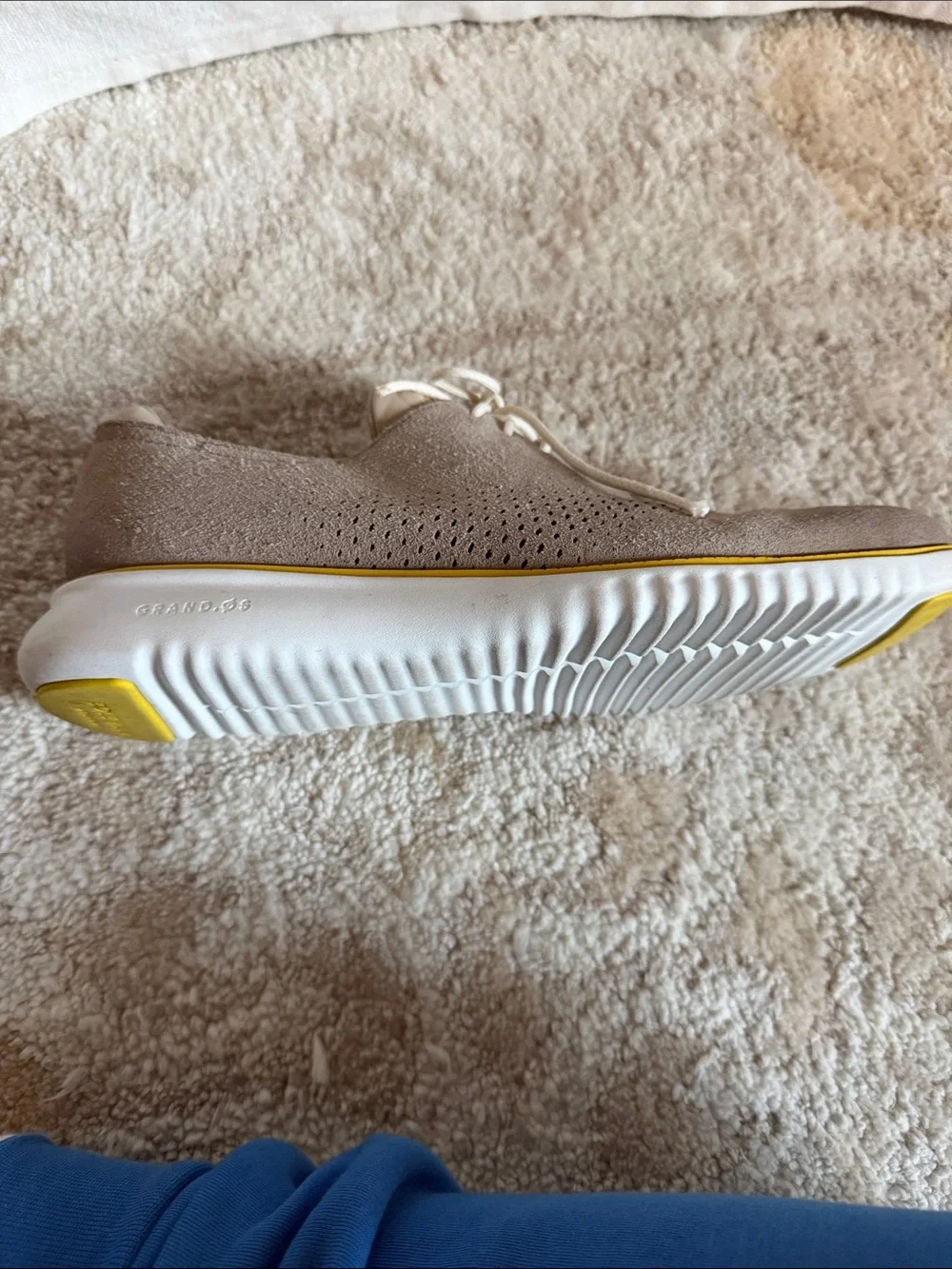 Cole Haan Taupe Suede Perforated Lace-Up Oxfords with Yellow Sole Accent